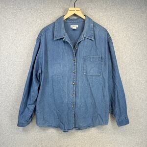 Talbots Blouse Top Womens Large Blue Cotton Denim Long Sleeve Button Up Pocket